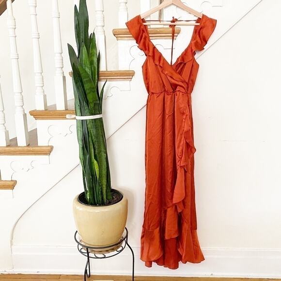 Show Me Your Mumu Burnt Orange Luxe Satin Samantha Ruffle Wrap Dress Size S - Picture 2 of 6